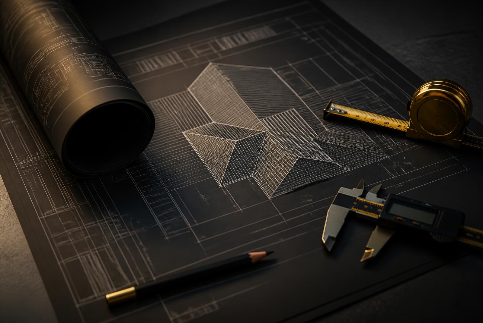 Blueprints, measuring tape, and calipers on a dark desk representing precise property damage estimating