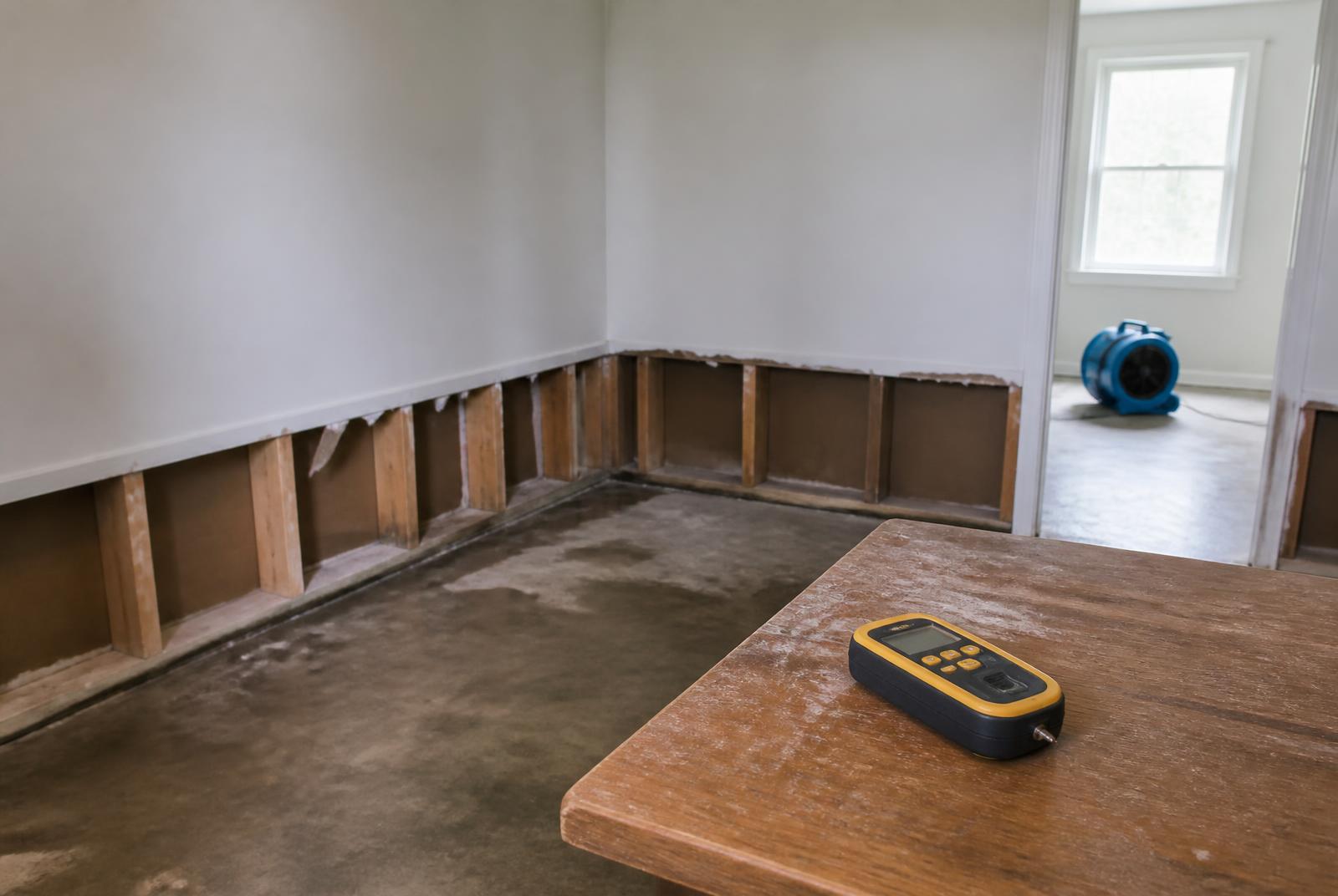 Interior water damage with flood-cut drywall and drying equipment documented for a water damage Xactimate estimate